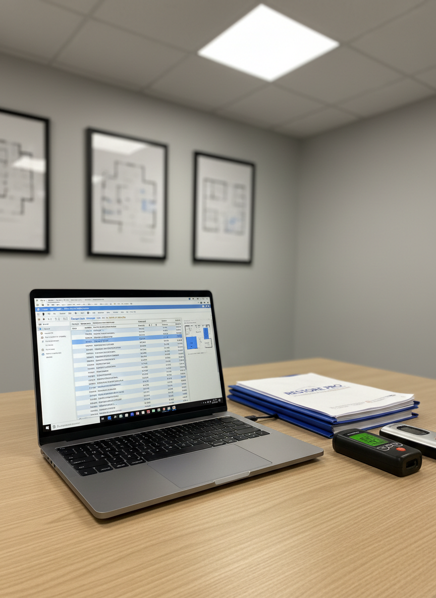 A precisely documented water damage estimate scene featuring a modern laptop on a clean, light oak desk, its screen displaying a detailed Xactimate estimate with line items, diagrams, and cost breakdowns for a restoration project. Beside it lie neatly stacked, branded folders, a digital moisture meter, and a laser measuring device, all arranged with exacting order. Soft, neutral office lighting from an overhead LED panel creates even illumination with minimal shadows, reinforcing clarity and transparency. The background reveals framed floor plans on a light gray wall, slightly out of focus. Captured at an eye-level, three-quarter angle with sharp focus and photographic realism, the composition and mood communicate professionalism, accuracy, and integrity in project planning and insurance collaboration.