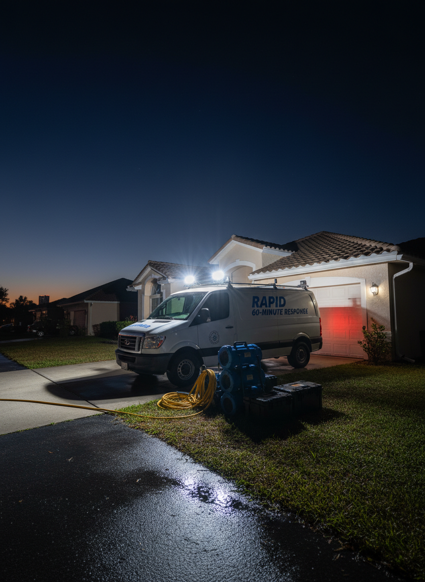 A dramatic nighttime emergency response exterior of a suburban South Florida home, its driveway illuminated by the bright, focused white beams of mounted LED work lights on a clean, unmarked white restoration van. The house façade, with stucco walls and barrel tile roof, is subtly wet from recent rain, reflecting small highlights in the light. Coiled hoses, stacked air movers, and neatly arranged tool cases are staged beside the van, ready for deployment, their surfaces catching crisp highlights against the dark surroundings. The sky is deep navy, with a faint glow on the horizon. Shot from a low-angle, wide lens in photographic realism, the mood is urgent yet controlled, emphasizing 24/7 readiness and rapid 60-minute response capability.