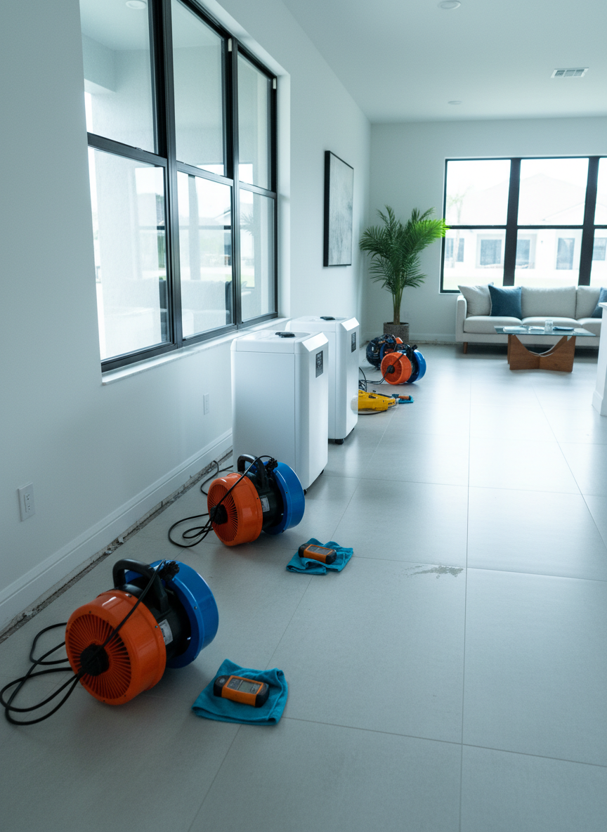 A meticulously organized emergency water restoration scene inside a modern South Florida living room, showcasing high-powered industrial air movers, dehumidifiers, and moisture meters arranged with precision on a sleek porcelain tile floor that still shows subtle signs of dampness. Walls are clean, white, and freshly dried, with baseboards slightly lifted to reveal careful work. Cool, diffused daylight filters through large impact windows, reflecting softly on stainless steel equipment surfaces. The mood is professional, calm, and under control, emphasizing reliability. Shot at eye level with a wide-angle lens, sharp focus throughout, and clean photographic realism, the composition balances equipment in the foreground and a restored, orderly home environment in the background, conveying trust and technical expertise.