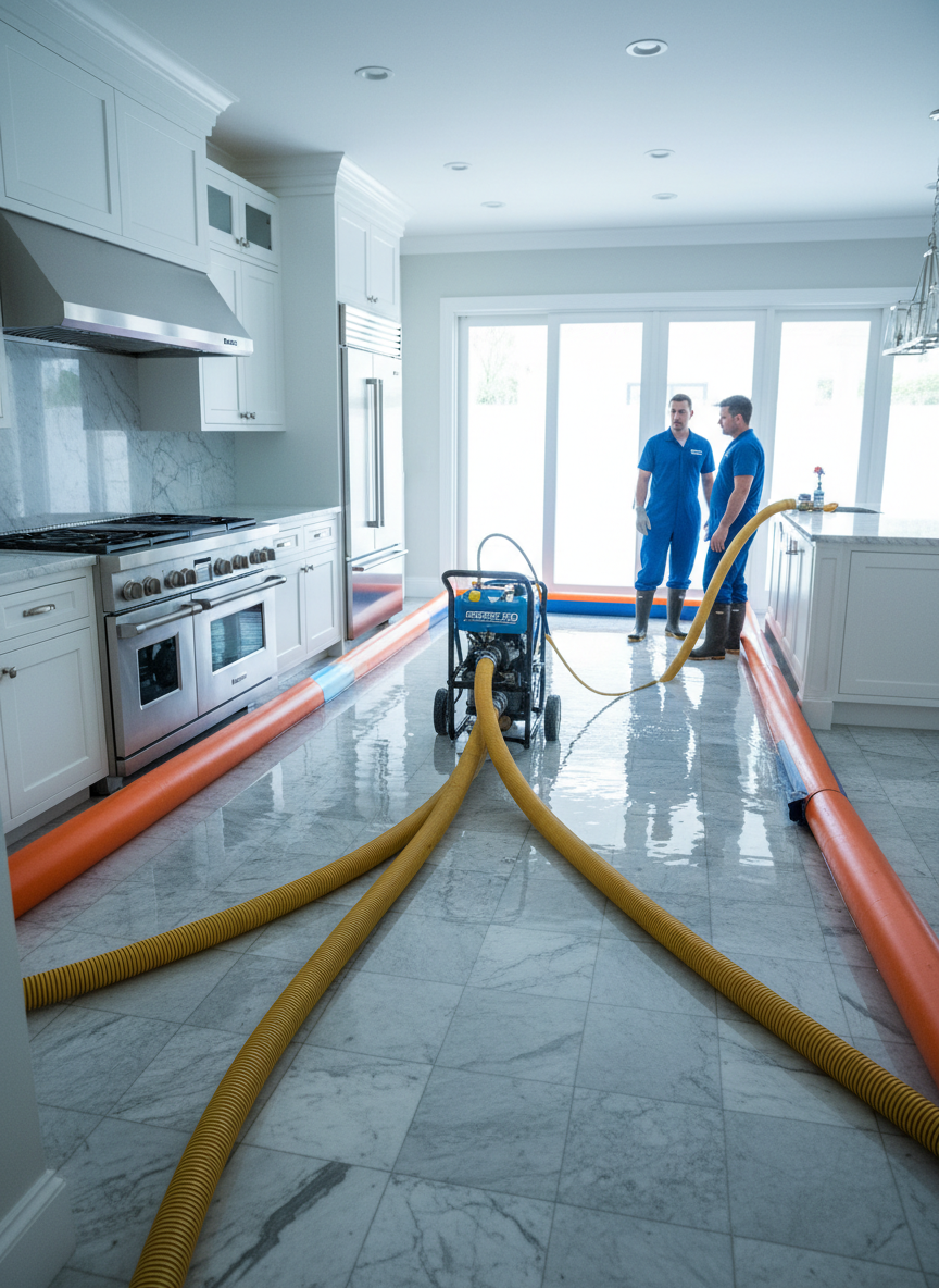 A flooded upscale Palm Beach kitchen in the initial moments of emergency restoration, with shallow, reflective water across glossy ceramic tile flooring, carefully contained away from custom white shaker cabinets and stainless steel appliances. Heavy-duty extraction hoses and a powerful portable water extractor sit neatly arranged, their textured rubber and metallic fittings rendered in crisp detail. Cool, overcast daylight enters through a large sliding glass door, creating soft reflections and a serious, urgent atmosphere. Photographed from a slightly elevated corner angle using photographic realism, the composition leads the eye from the affected floor area in the foreground to the safe, untouched cabinetry in the background, highlighting fast, organized response and careful protection of property.