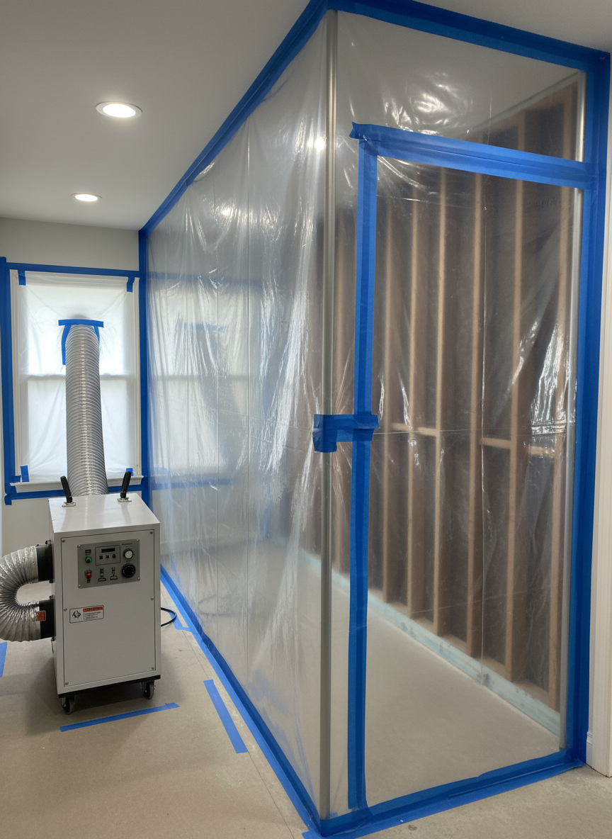 A carefully contained mold remediation workspace inside a residential hallway, fully sealed with transparent plastic containment walls secured by bright blue painter’s tape and aluminum framing. A negative air machine with a HEPA filter exhausts through ducting that exits a nearby window, its textured hose and control panel rendered in clean detail. Inside the containment, a partially removed baseboard reveals treated wall cavities, dry and clean. Overhead recessed LED lighting provides bright, clinical illumination, casting soft, controlled shadows that enhance a sense of cleanliness and precision. Photographed at eye level with photographic realism and moderate depth of field, the composition emphasizes the containment barrier in the foreground, symbolizing safety, thoroughness, and professional mold remediation practices.